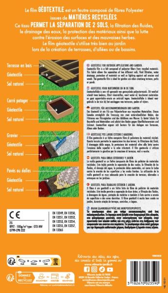 Aménagement des allées, massifs et haies - Géotextile Recyclé Marron Travaux Extérieurs - 100 g/m² - 1 m x 20 m - MEDIA_PACKAGING_VERSO